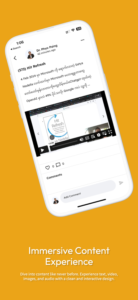 Insidernote - Insidernote mobile app showing an immersive content post with text and a video player