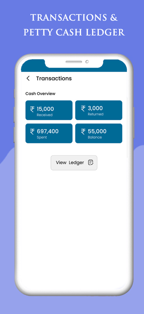 Smart Build app interface showing the petty cash ledger and transactions overview with received, returned, spent, and balance totals.