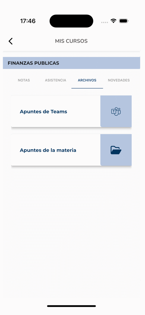 Pantalla de la app UADE Webcampus mostrando la sección de archivos de cursos con apuntes para una clase de finanzas públicas