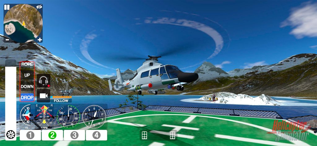Helicopter Simulator 2026 - A white helicopter flying over a helipad in a mountain landscape with flight instruments on screen