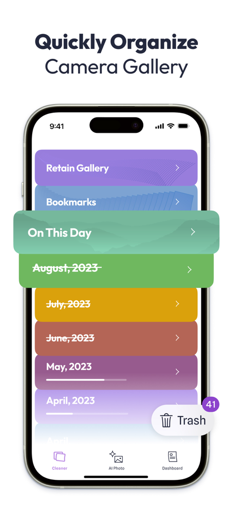 A mobile interface for organizing a camera gallery by date with a trash bin feature