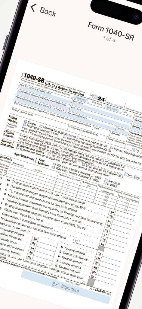 モバイルデバイスで米国のフォーム1040-SR税務申告書に記入している様子