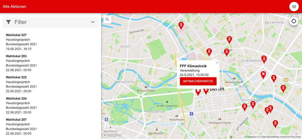 Aktivisti - Map view in the Aktivisti app showing locations of local political events and volunteer actions.