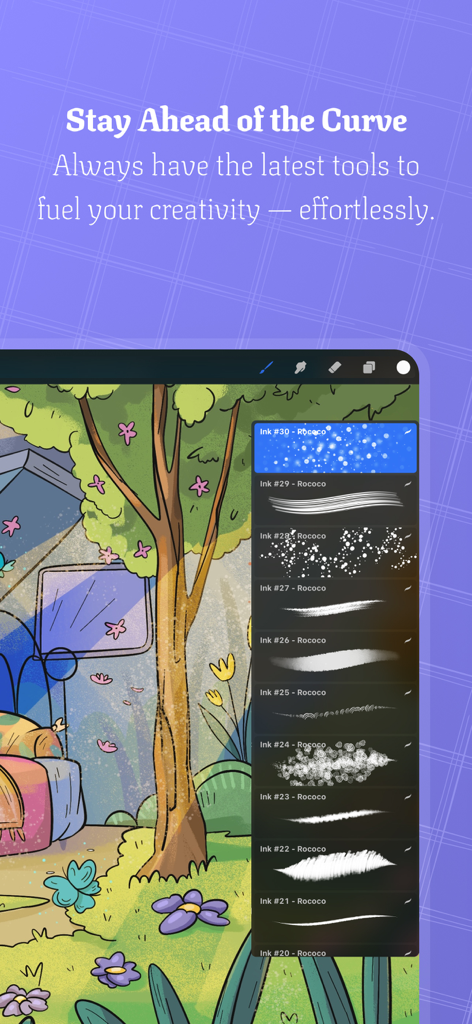 Tools & Brushes for Procreate - Una ilustración digital en Procreate que muestra un menú de varios pinceles de tinta de la aplicación Rococo.