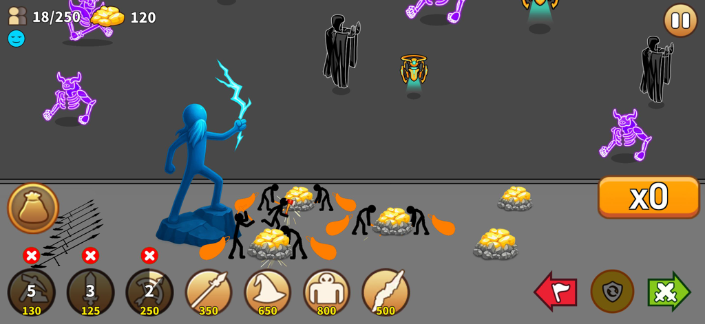 Stick Giant: Infinite Kingdom - Stickman strategy gameplay featuring workers mining gold and a blue giant warrior.