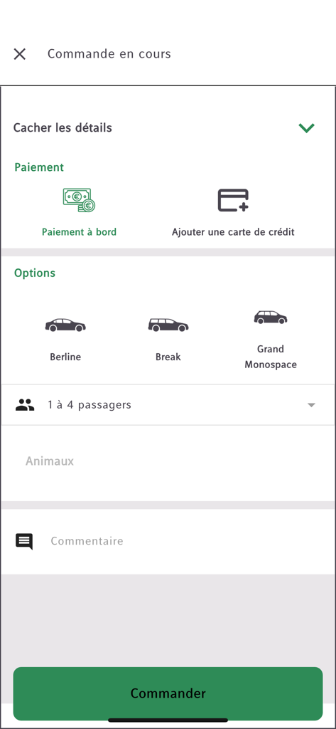 Taxis Grenoblois - Interface de réservation de taxi montrant les options de paiement et de sélection de véhicule