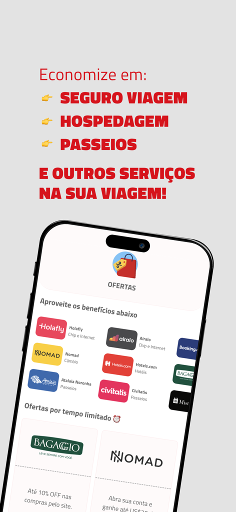 Passagens Imperdíveis - Passagens Imperdiveis 앱에서 보험, 호텔, 투어에 대한 여행 할인 정보를 보여주는 스마트폰 화면