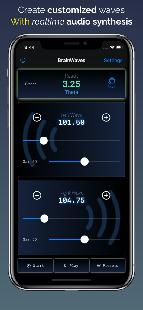 BrainWaves Binaural Beats - BrainWaves app interface for generating custom binaural beats using real-time audio synthesis.