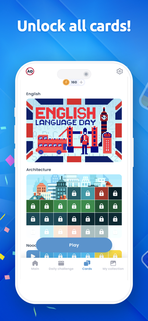 Pindoku－Pixel Block Puzzle - Interfaz que muestra tarjetas temáticas de arte de píxeles para desbloquear en el juego de rompecabezas Pindoku