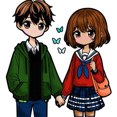 anime (girl and boy holding hands)