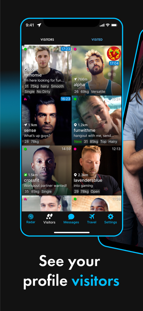ROMEO - Gay Dating & Chat - Vue en grille des visiteurs de profils sur l'application de rencontre et de chat gay ROMEO