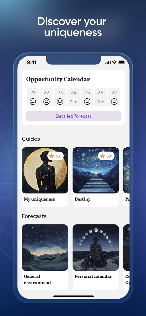 Astrocode: personal horoscope - Astrocode app interface showing the opportunity calendar and personal astrology guides