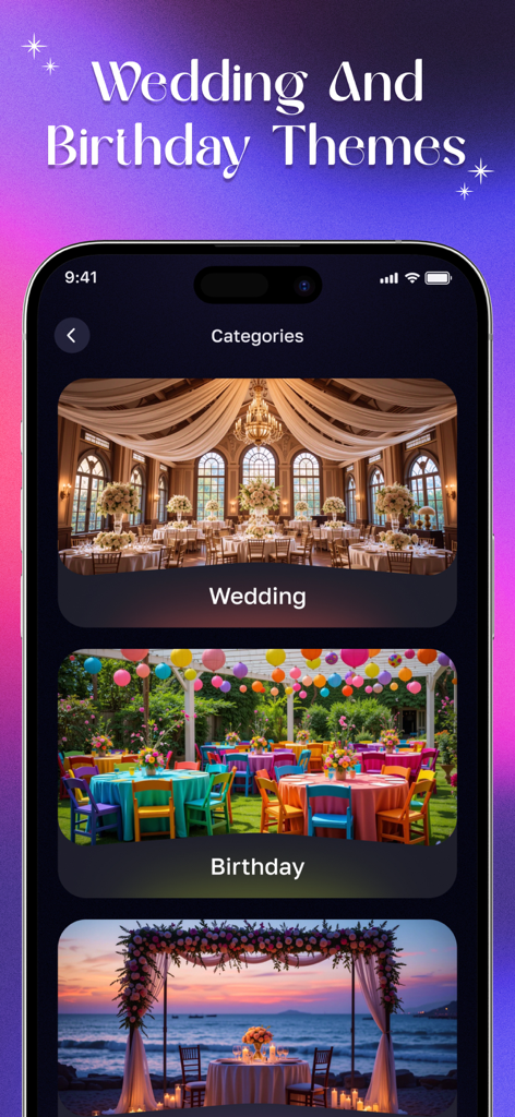 AI Event Designer: Venue Decor - Smartphone screen displaying wedding and birthday event theme categories in the AI Event Designer app.