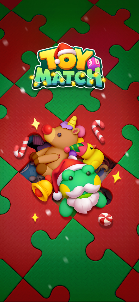 Toy Match 3D: Triple Match - Toy Match 3D game splash screen featuring festive holiday characters like a Santa frog and reindeer on a red and green puzzle background.