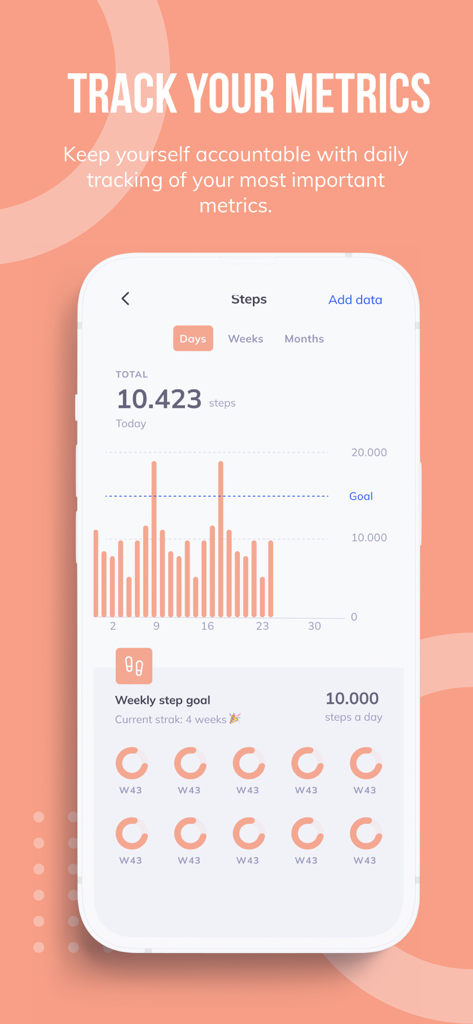 Step tracker screen showing daily activity and goals in the Bite Back With Liz coaching app