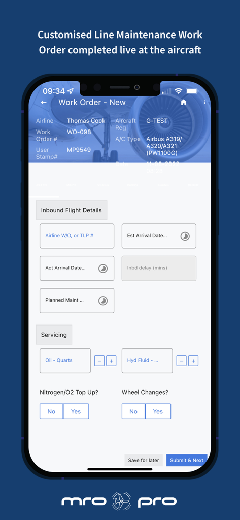 MRO-PRO - A mobile screenshot of the MRO-PRO app displaying a digital work order for aircraft line maintenance.