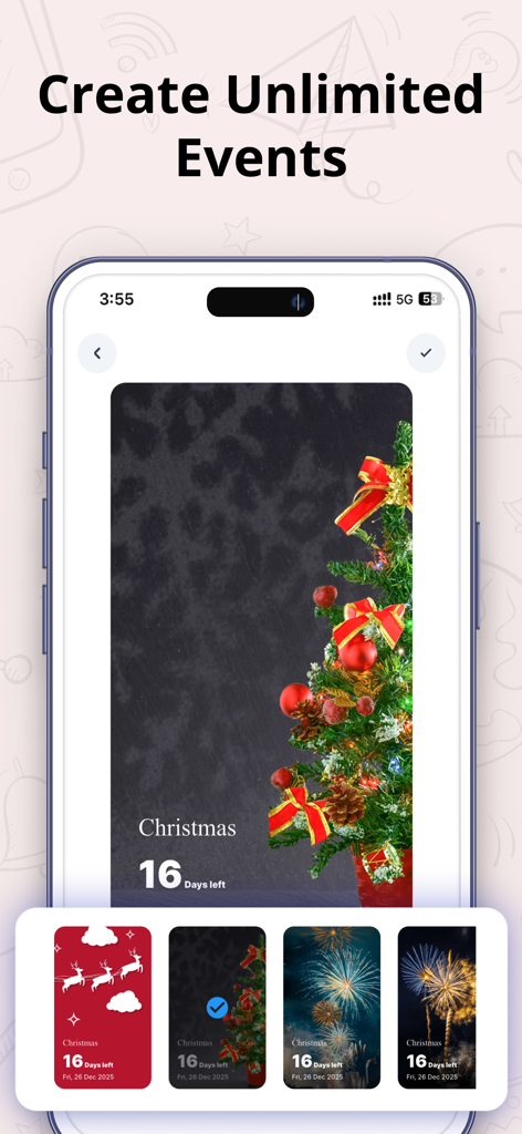 ToDo List: Daily Task Reminder - A smartphone screen displaying the DoneZo app countdown feature for Christmas with multiple theme background options