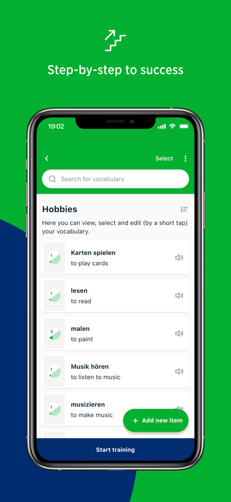 PONS Vokabeltrainer-App zeigt eine Liste deutscher Hobbysbegriffe mit englischen Übersetzungen und Lernfortschrittsanzeigen.