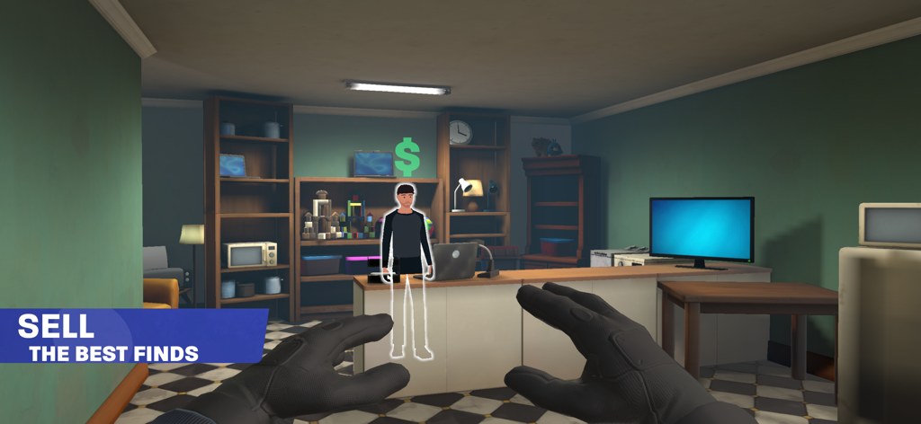 Thief Simulator: Sneak & Steal - Vista en primera persona de un jugador vendiendo objetos robados en una casa de empeños en Thief Simulator