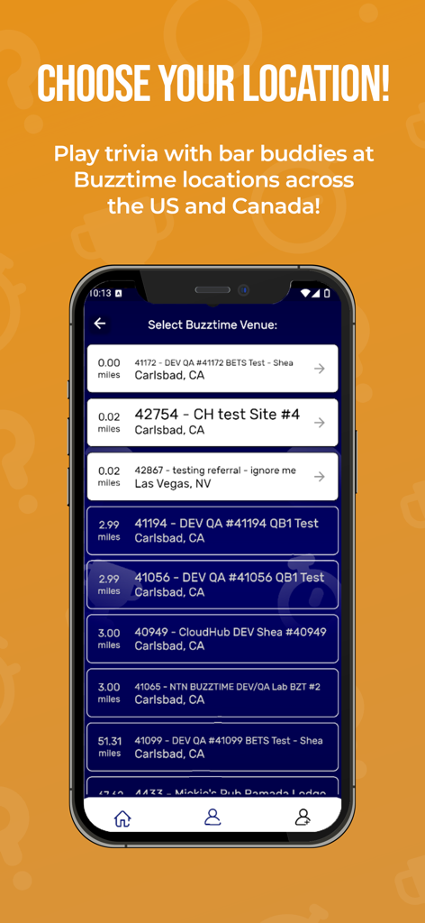 Buzztime Trivia - Buzztime Trivia app screen showing a list of nearby venues to join and play trivia.