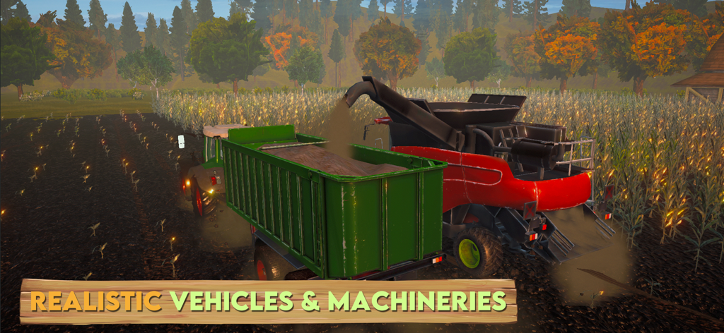 Farm Sim 2024 - A red combine harvester unloading grain into a green tractor trailer in a cornfield.