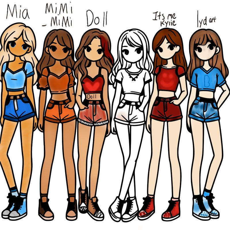 a group of girls wearing crop tops and shorts
