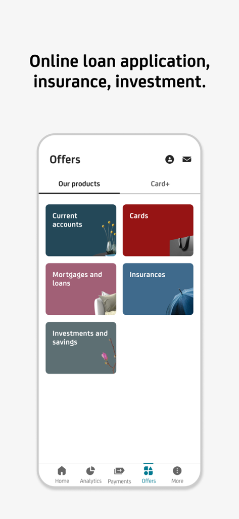 UniCredit mBanking - UniCredit mBanking app screen showing various financial products like loans insurance and investments