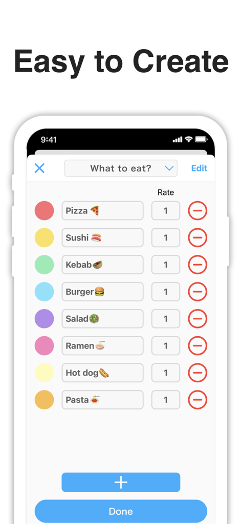 Mobile app interface showing the customization of a decision wheel with food options like pizza and sushi