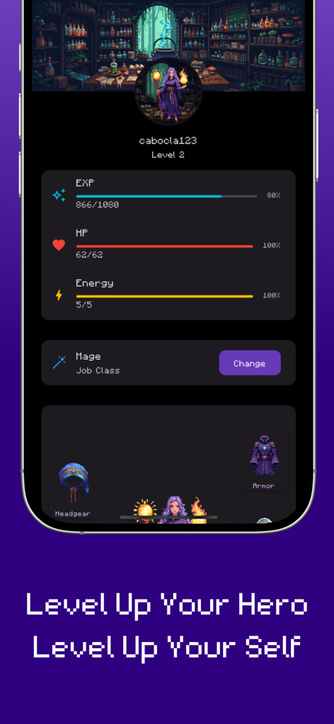 RPGFitness: Workout Tracker - Mobile screen of RPGFitness showing a character profile with level experience bars and Mage class attributes