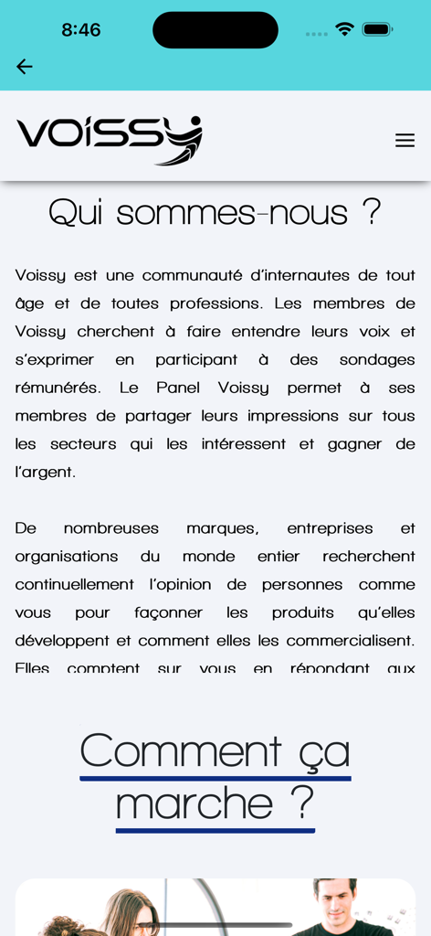Une capture d'écran de l'application Voissy montrant les sections À propos de nous et Comment ça marche en français.