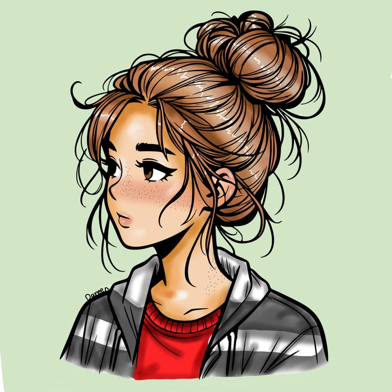 realistic teenage girl with a messy bun