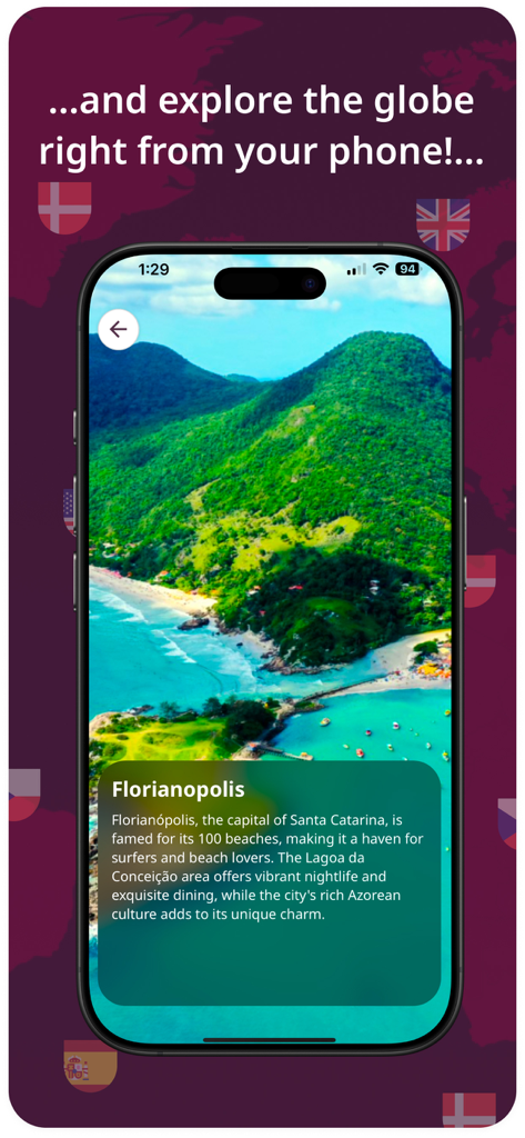 Linguado - Linguado app screen showing travel and cultural information for Florianopolis Brazil