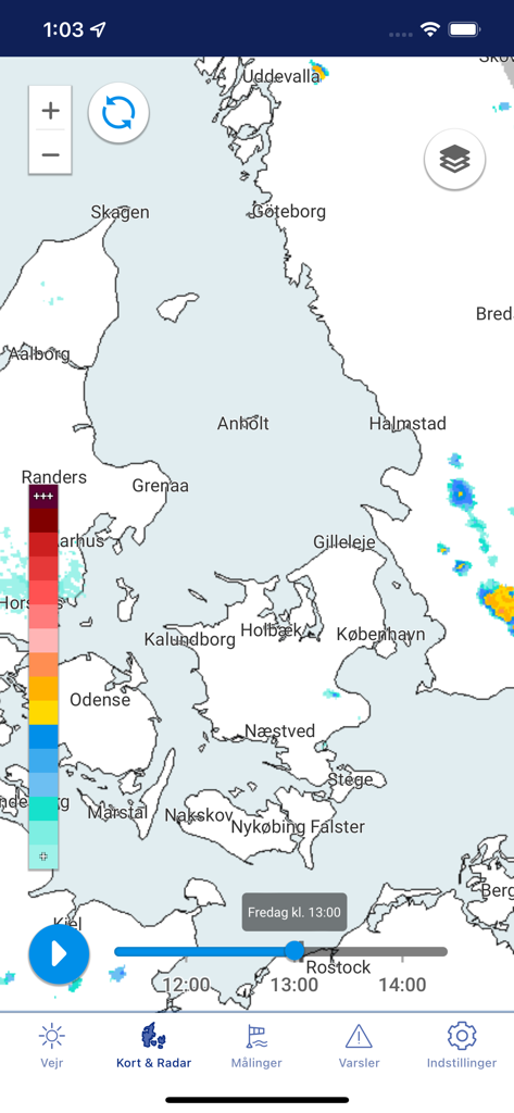 DMI Vejr app interface displaying a live precipitation radar map of Denmark and surrounding regions