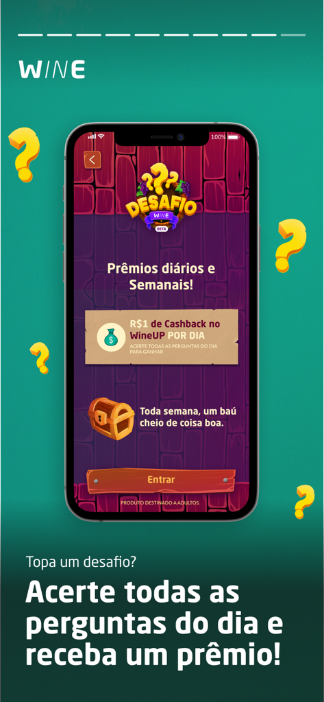 Wine: Loja e Clube de Vinhos - Écran de défi quotidien de l'application Vin montrant des récompenses cashback et des prix du programme de fidélité