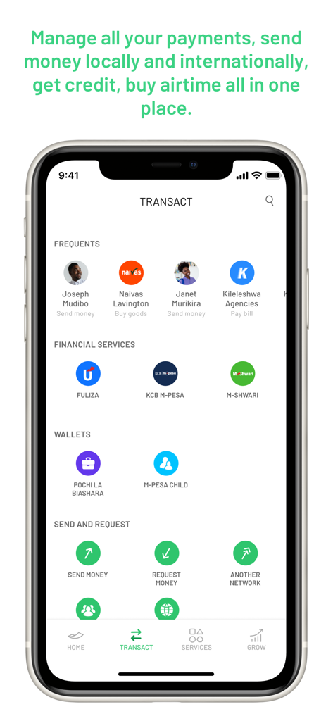 Interfaz de la app móvil M-PESA que muestra el panel de transacciones con opciones para enviar dinero y pagar facturas.