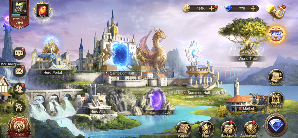 Trials of Heroes: Idle RPG - Centro principal de la ciudad en Trials of Heroes mostrando el Salón de Campaña, el Salón de Invocación y el paisaje de fantasía