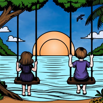 realistic sunset with a realistic girl and a realistic boy who are in the same swing swinging by the sea