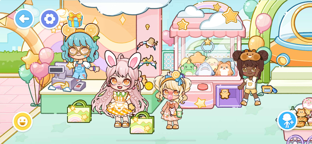 Candyville:Avatar City - Four cute characters shopping in a toy store with a pink claw machine and shopping bags in Candyville Avatar City