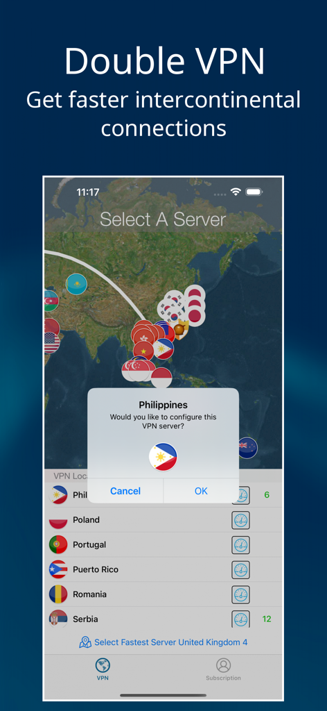 Flow VPN: Fast Secure VPN - Interface de l'application Flow VPN montrant la fonctionnalité Double VPN et la carte de sélection de serveur mondial