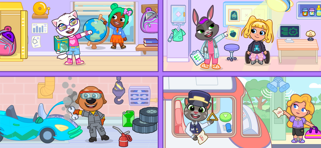 Collage of Talking Tom and friends characters in various role play scenarios including school clinic garage and public transport