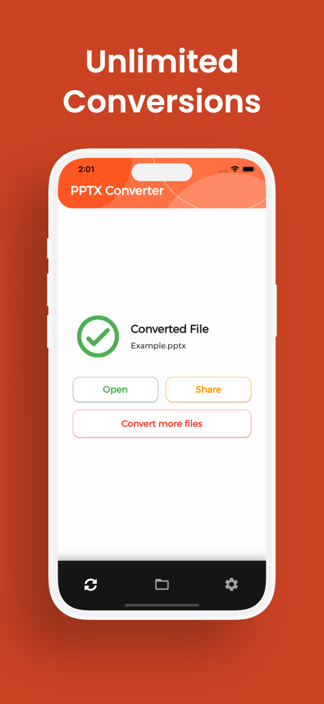 PPTX Converter, PPTX to PDF - Uma tela de aplicativo móvel mostrando um arquivo PPTX convertido com sucesso com opções para abrir ou compartilhar.