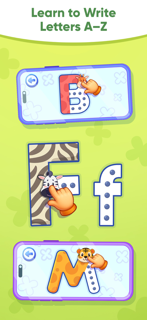 ABC Learning Games for Kids 3+ - Niños aprendiendo a trazar las letras B, F y M con ilustraciones de animales.