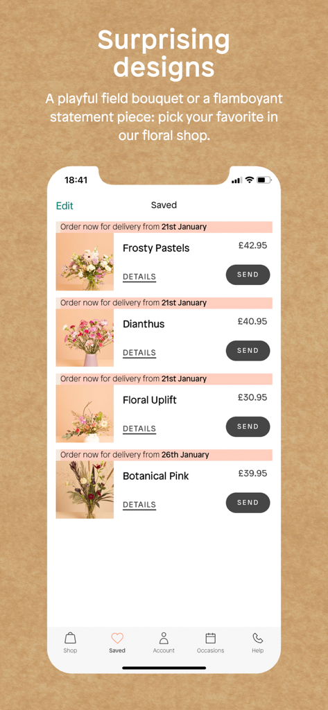 Bloomon mobile app screen displaying a list of saved floral designs including Frosty Pastels and Dianthus bouquets with prices