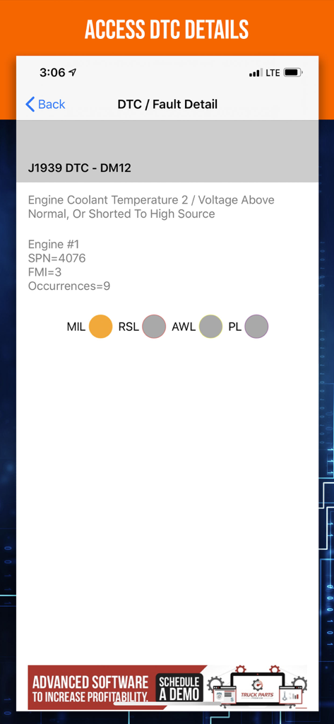 Detailed engine fault report screen on the Diesel Decoder app showing diagnostic trouble codes and technical parameters