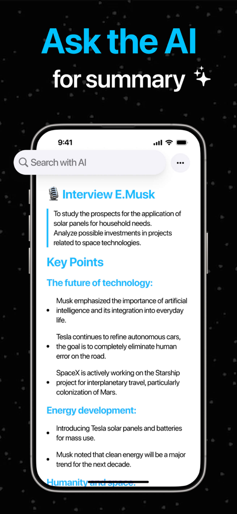Fathom - AI Note Taker - Fathom App-Oberfläche, die eine KI-generierte Zusammenfassung eines Interviews mit wichtigen Stichpunkten zeigt.