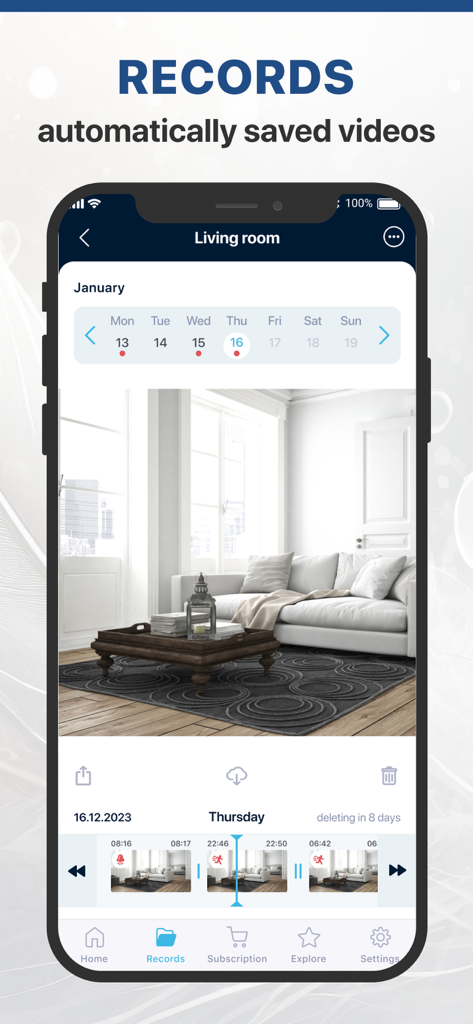 ZoomOn Home Security Camera - ZoomOn Home Security Camera app interface showing saved video recordings and motion events timeline