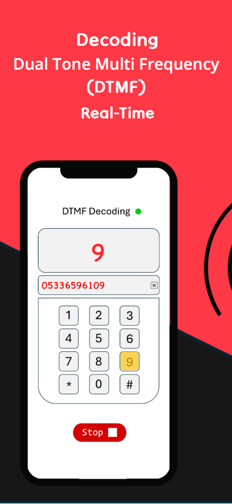 Key-Tone-Decoder - Interfaccia di decodifica segnale DTMF in tempo reale su schermo di smartphone che mostra un numero decodificato