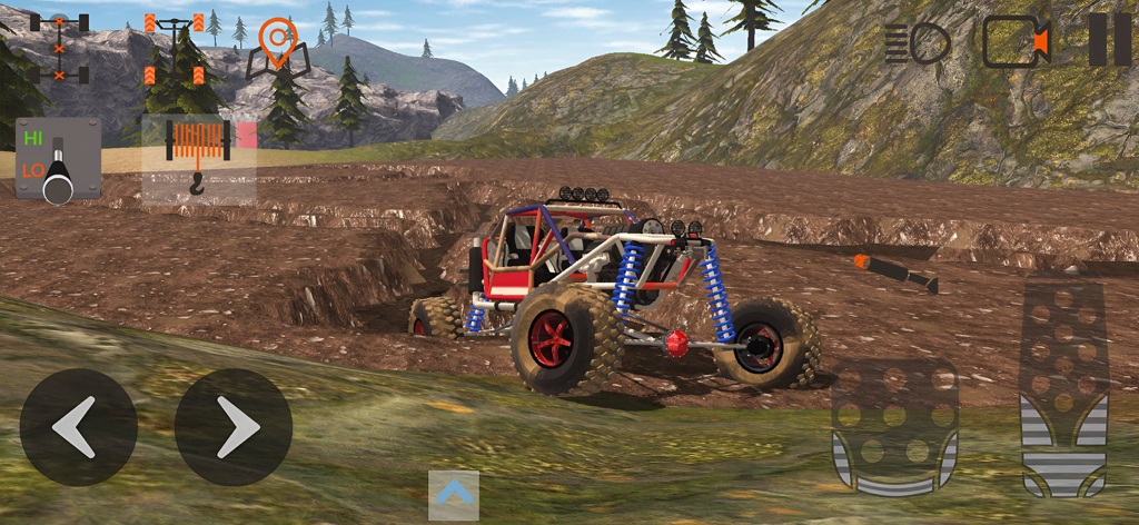 A custom rock crawler navigating a mud trench in a realistic off-road simulation