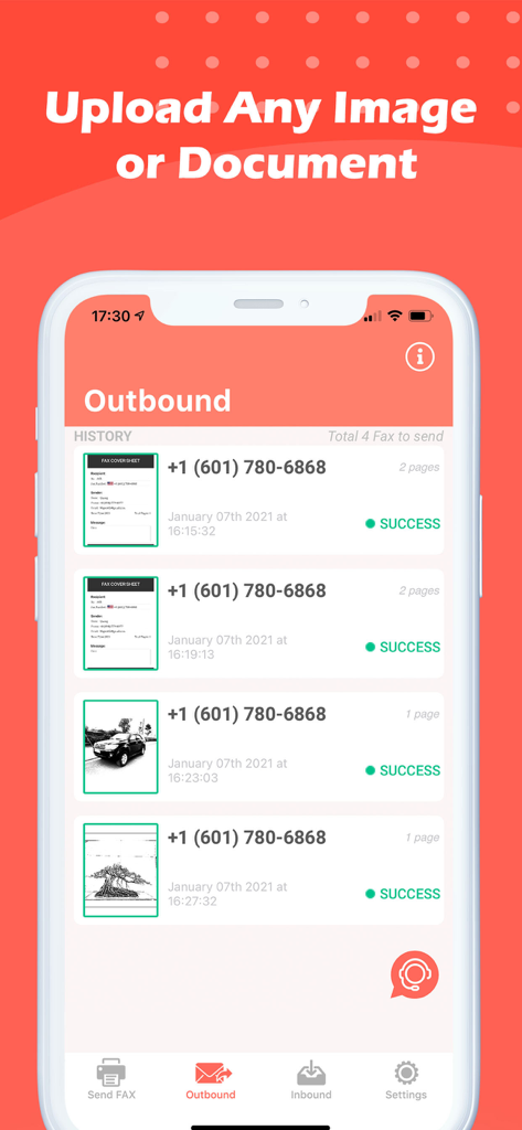 Outbound fax history screen showing successful transmissions of documents and photos on a mobile app