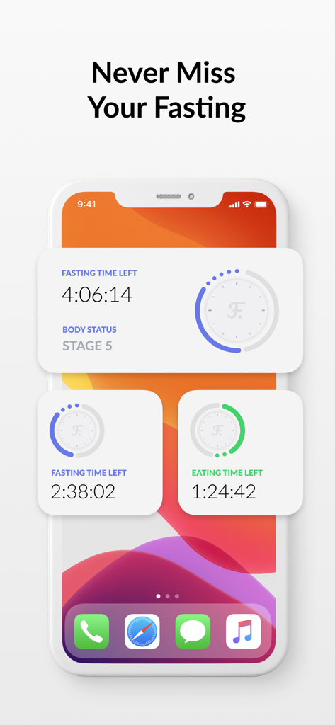 Feather - Intermittent Fasting - Pantalla de inicio del iPhone que muestra los widgets de la aplicación Feather para rastrear las ventanas de ayuno y comida.